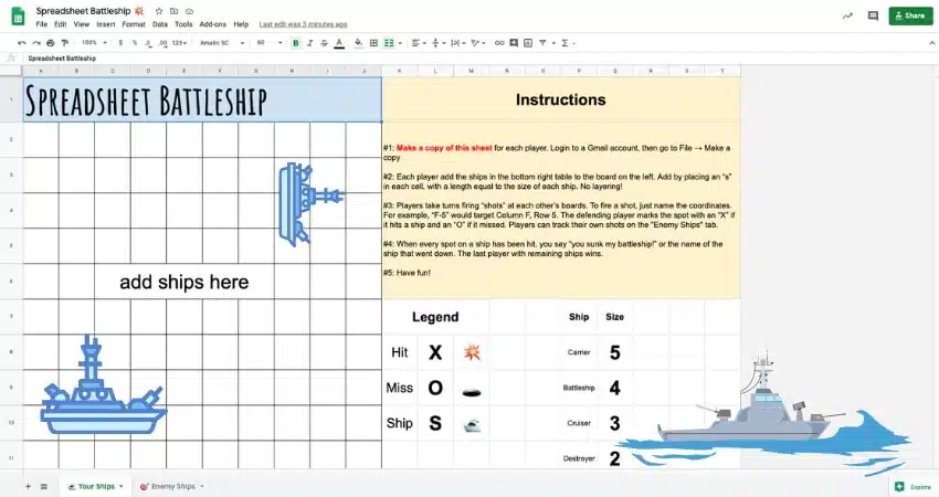 Spreadsheet Battleship game board